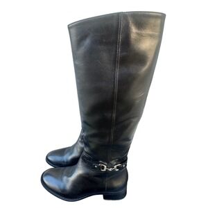 Talbots Black Leather Tall Riding Boots Gold Horsebit Side Zip Low Heel - 5.5M
